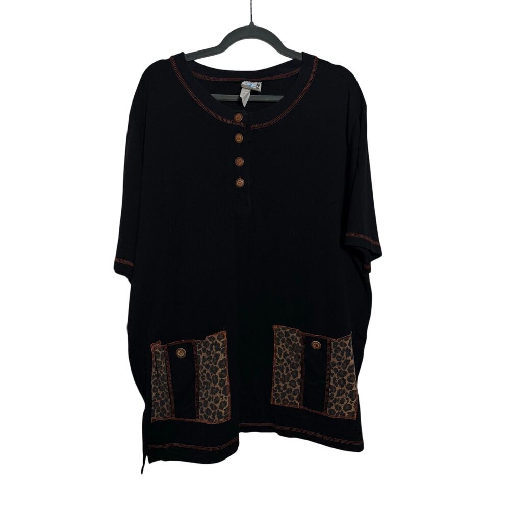 Vintage 90s EZL Tunic Top Women's 2X Leopard Patch Pocket Black Lagenlook Boho
